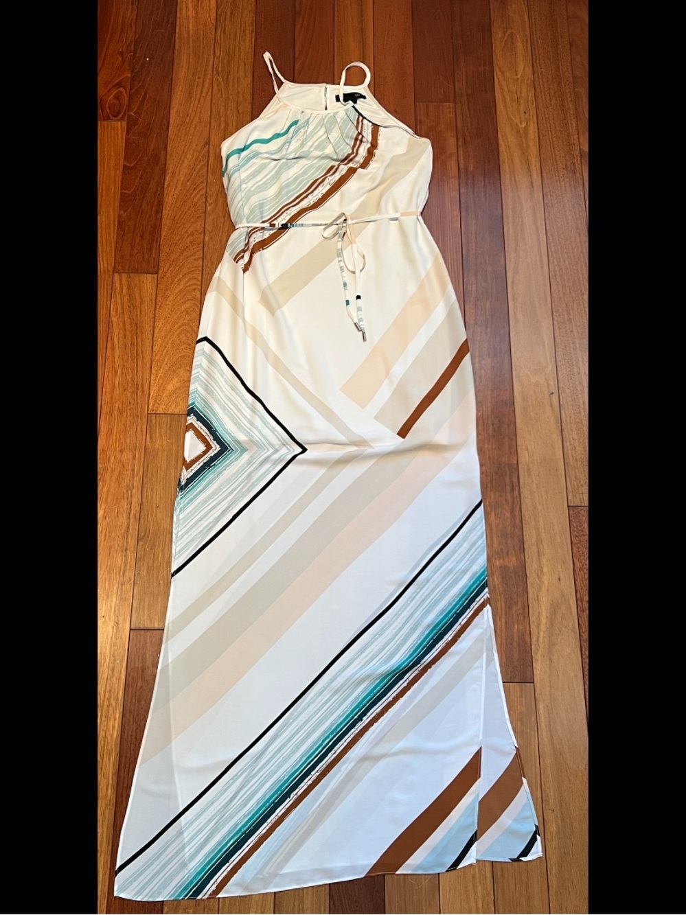 WHBM Spaghetti Strap Maxi Dress in Cream with Teal & Brown Stripes